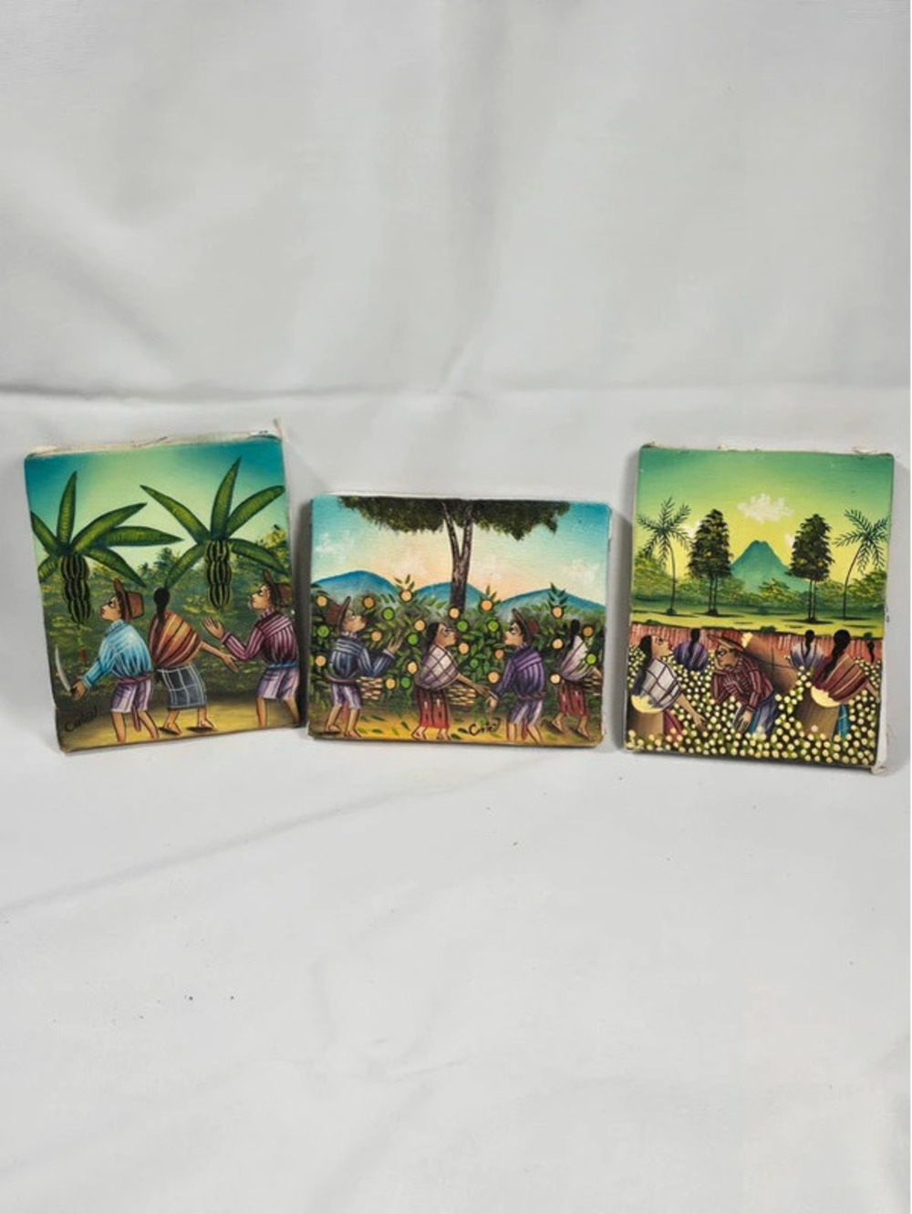 3 Signed Cortez Guatemalan Folk Art Paintings Maya Harvest Scenes